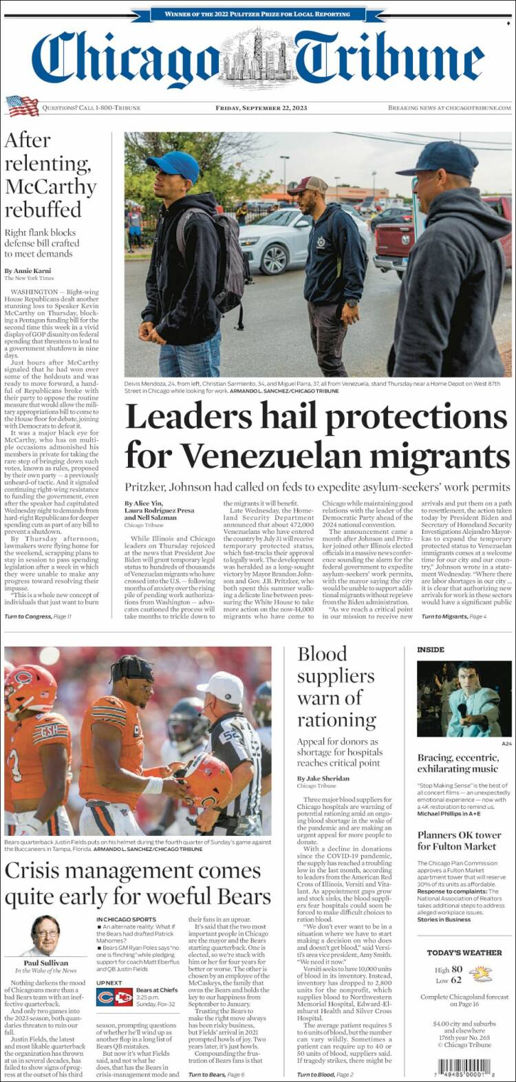 Portada de Chicago Tribune (USA)