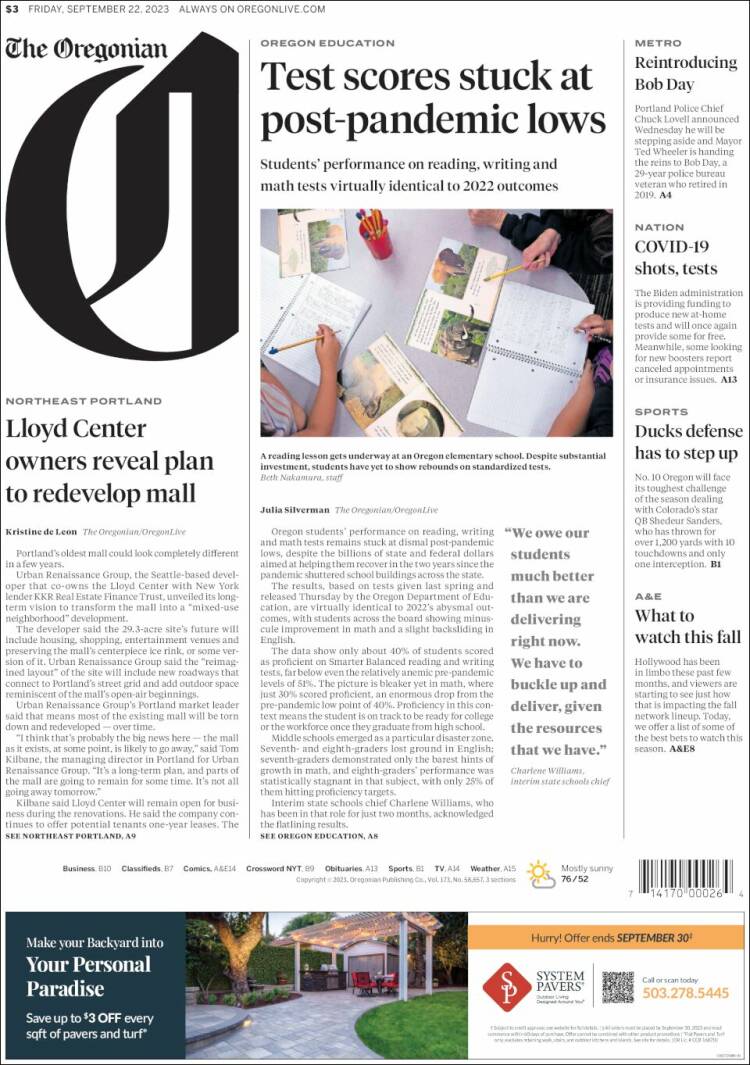 Portada de The Oregonian (USA)