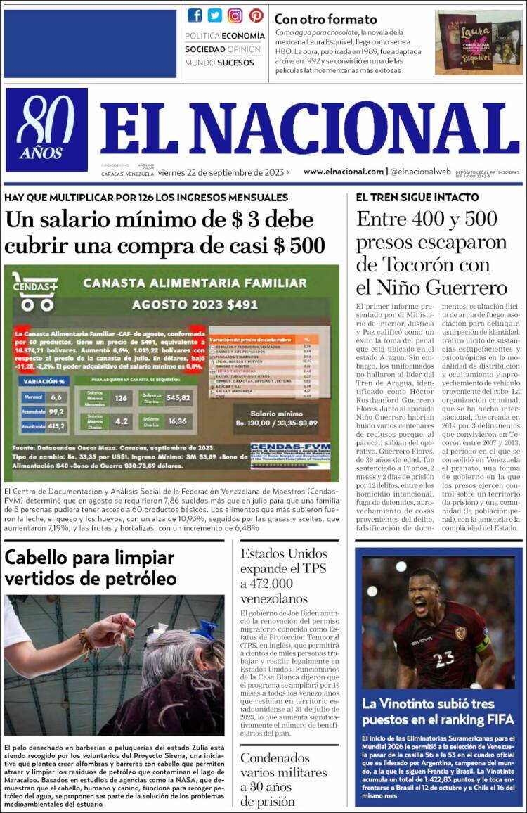 Portada de El Nacional (Venezuela)