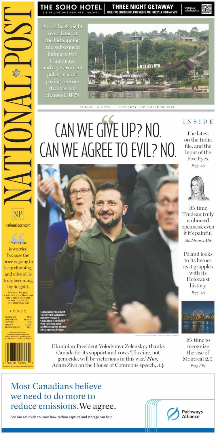 Portada de The National Post (Canadá)