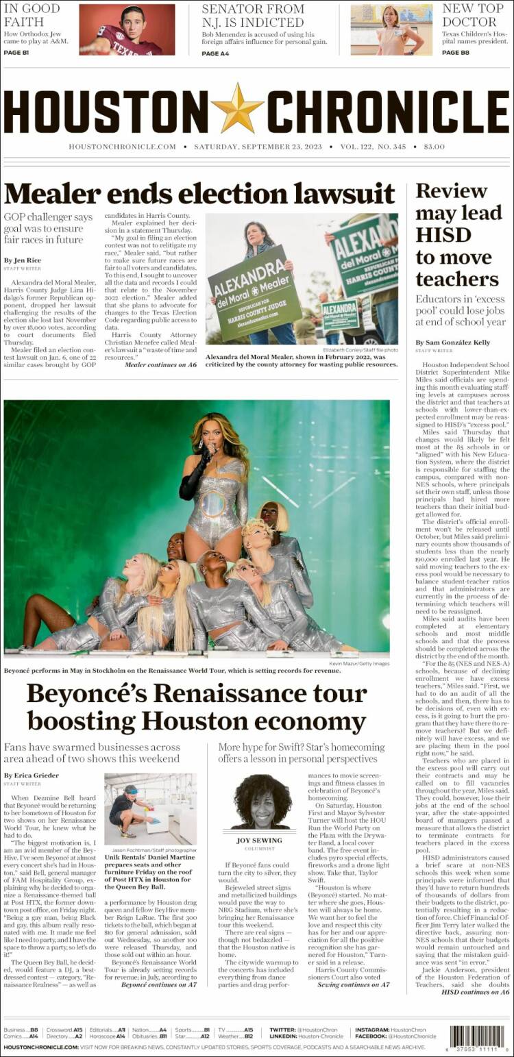 Portada de Houston Chronicle (USA)