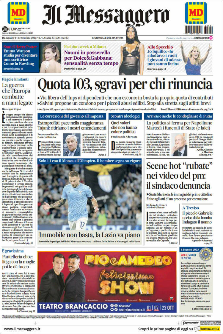 Portada de Il Messaggero (Italia)