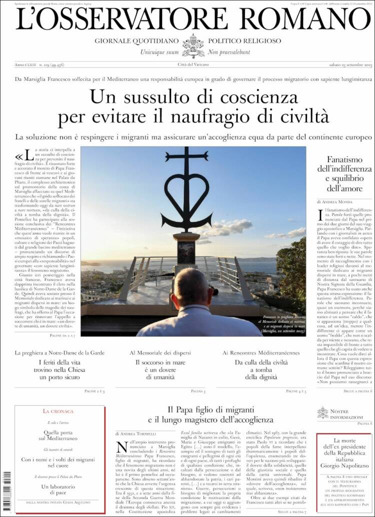 Portada de L'Osservatore Romano (Italia)