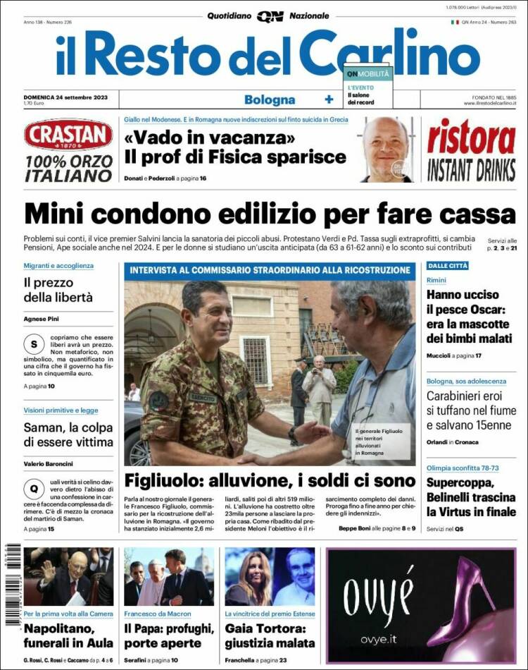 Portada de Il Resto del Carlino (Italia)
