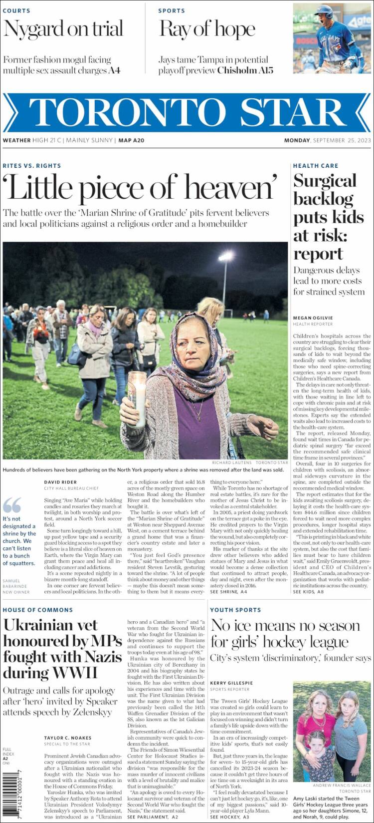 Portada de The Toronto Star (Canadá)