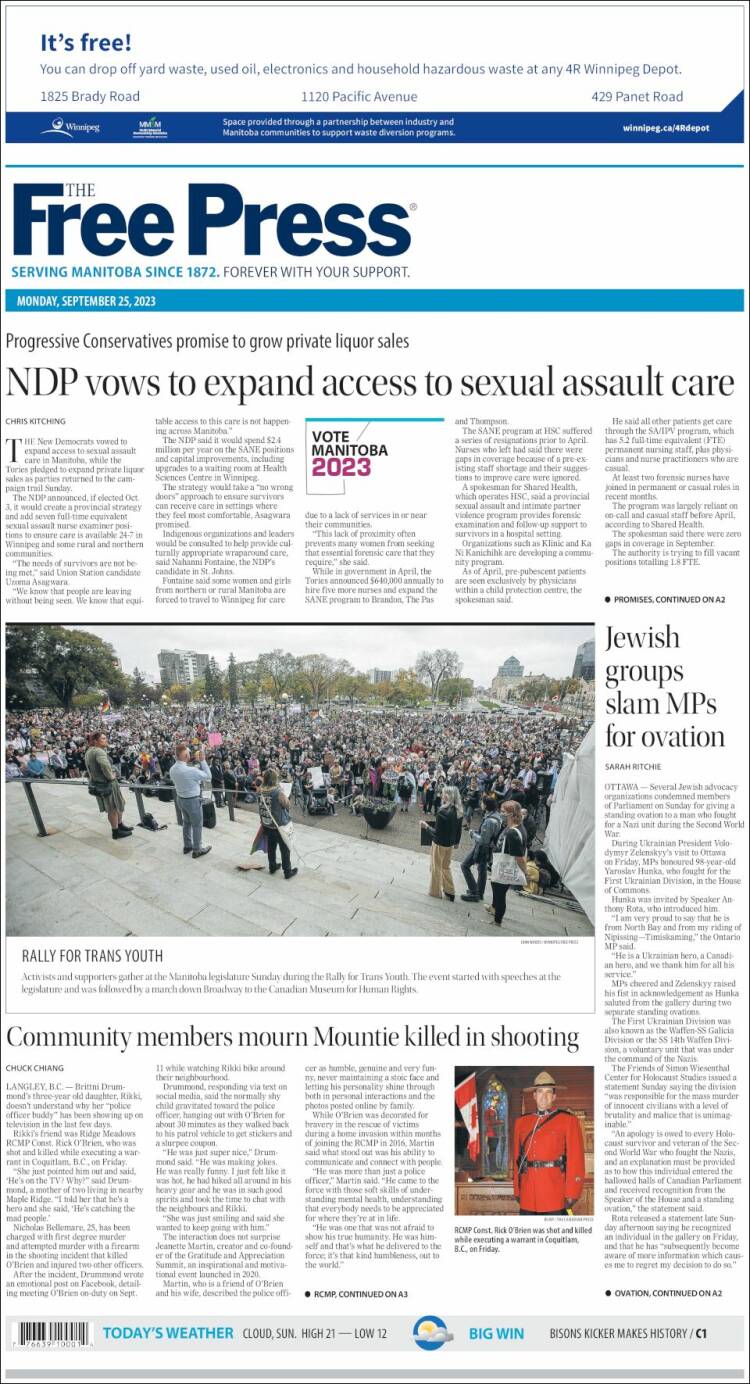 Portada de Winnipeg Free Press (Canadá)