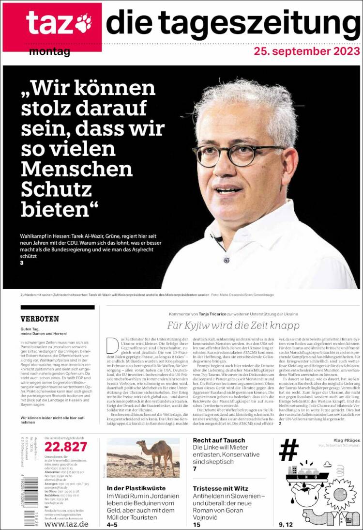 Portada de Die Tageszeitung (Alemania)