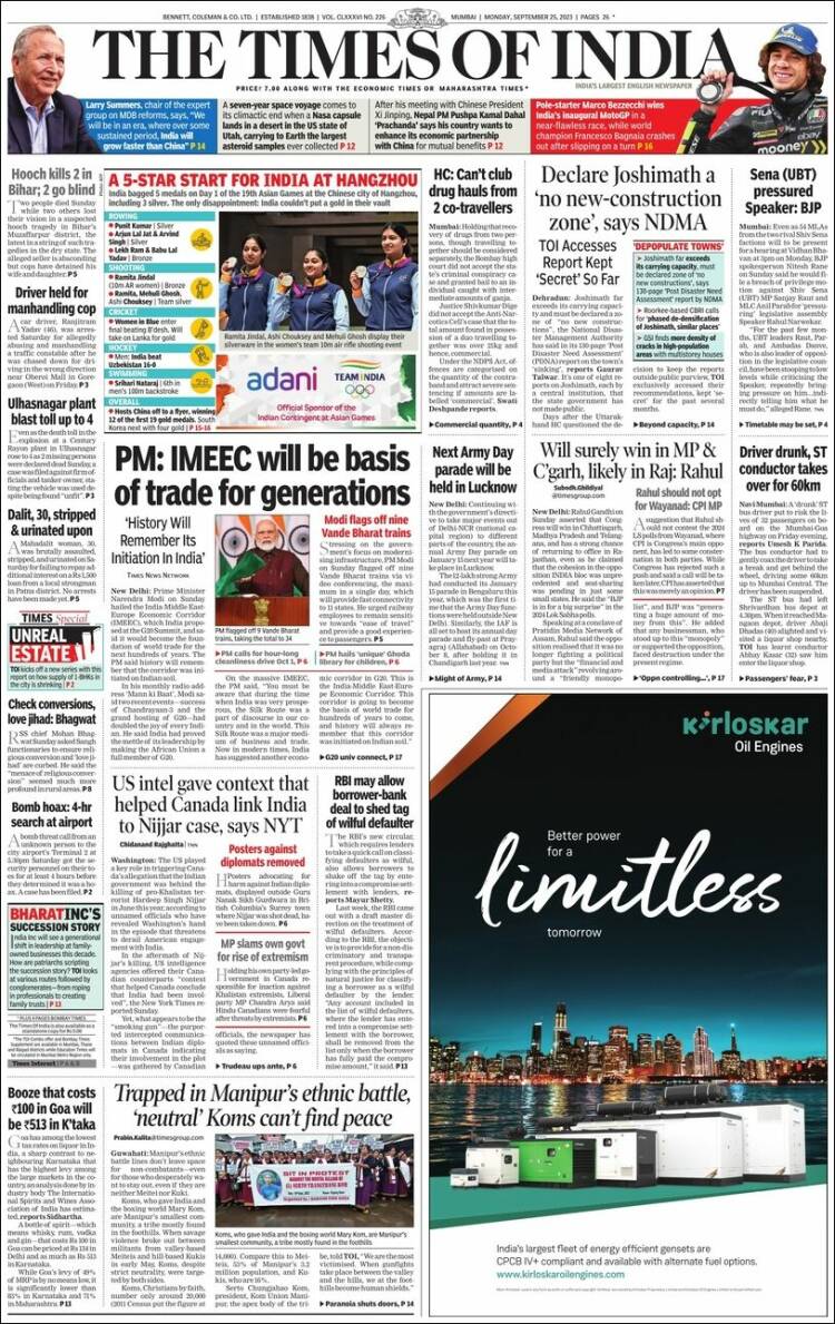 Portada de The Times of India (India)