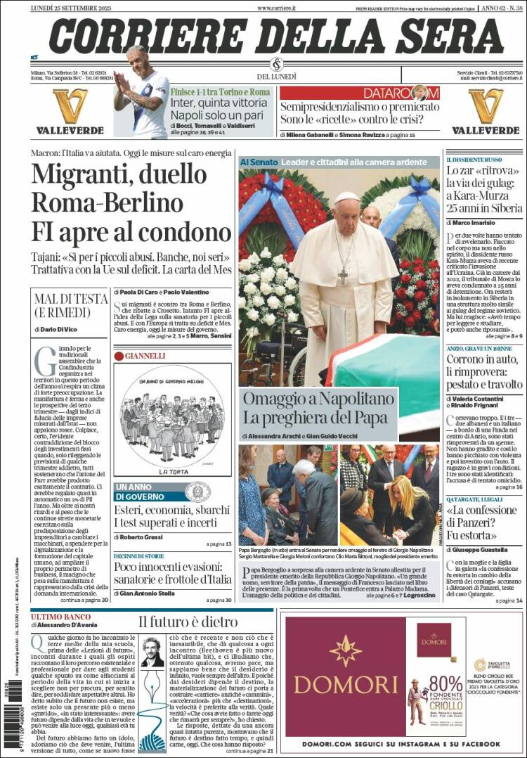 Portada de Corriere della Sera (Italia)