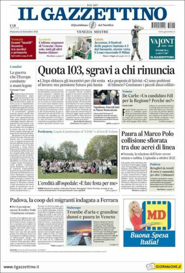 Portada de Il Gazzettino (Italia)