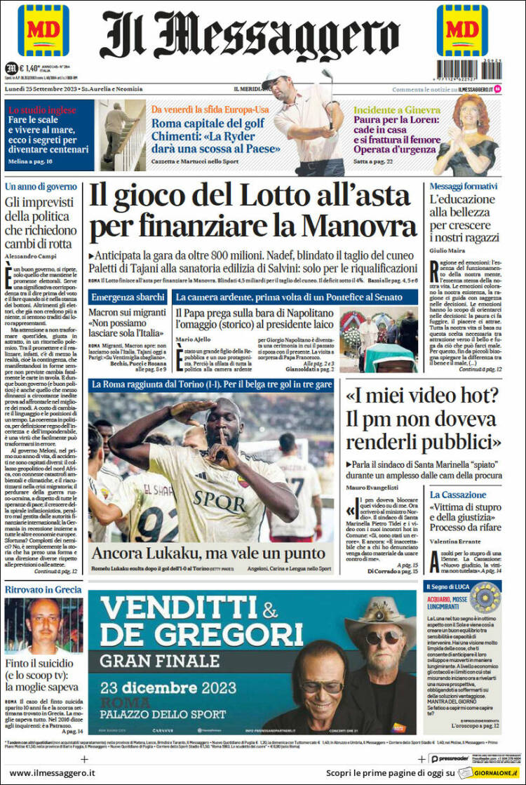 Portada de Il Messaggero (Italia)