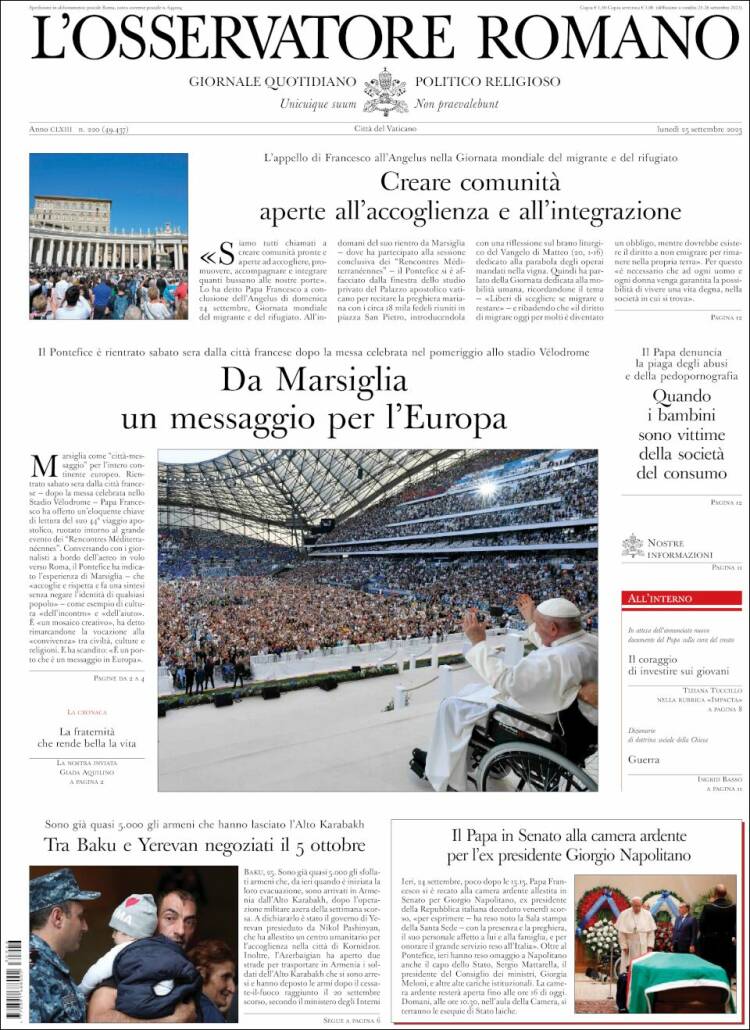 Portada de L'Osservatore Romano (Italia)