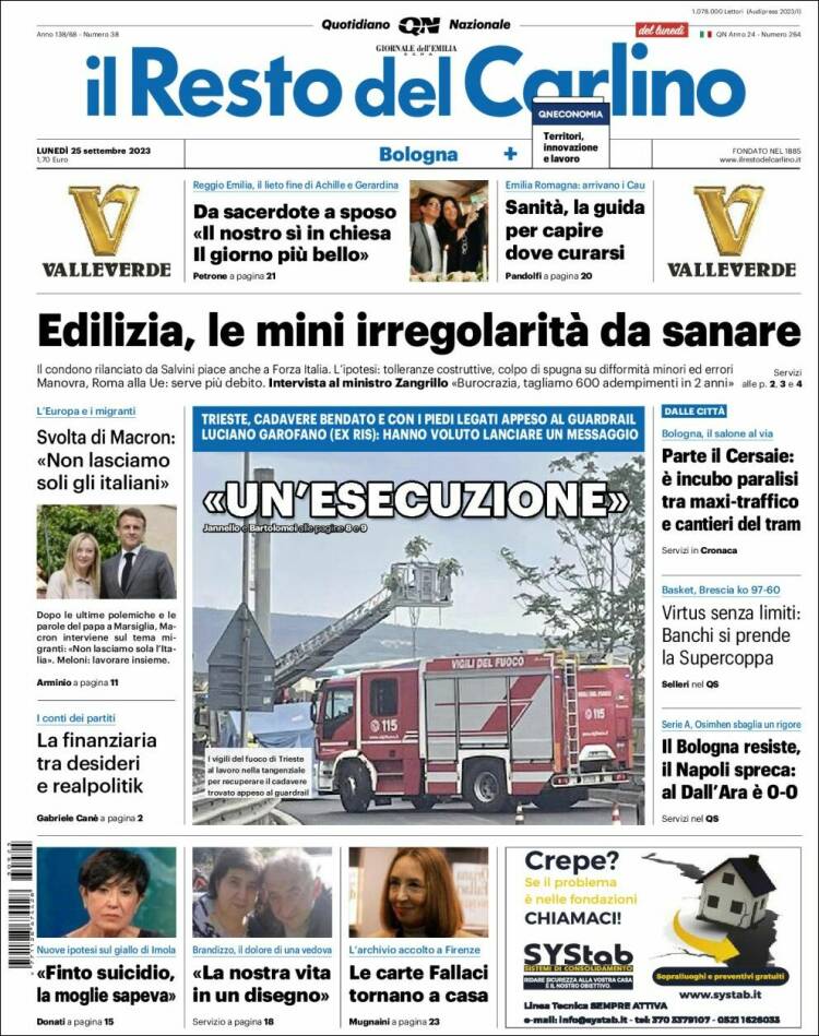 Portada de Il Resto del Carlino (Italia)