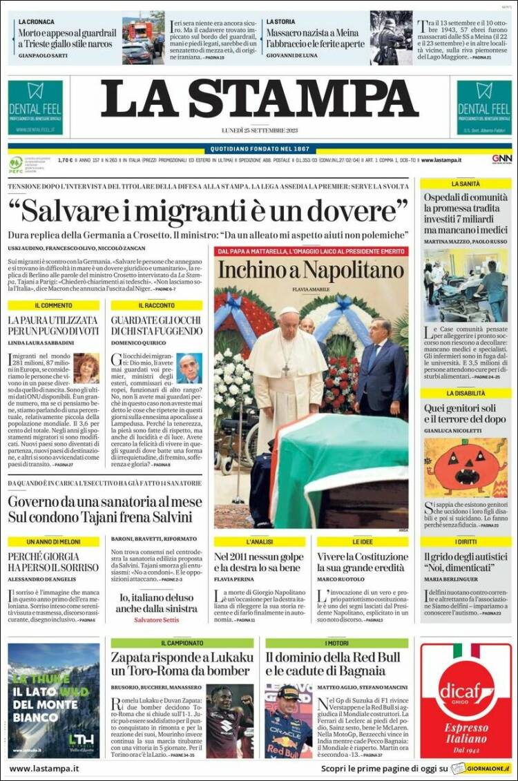 Portada de La Stampa (Italia)