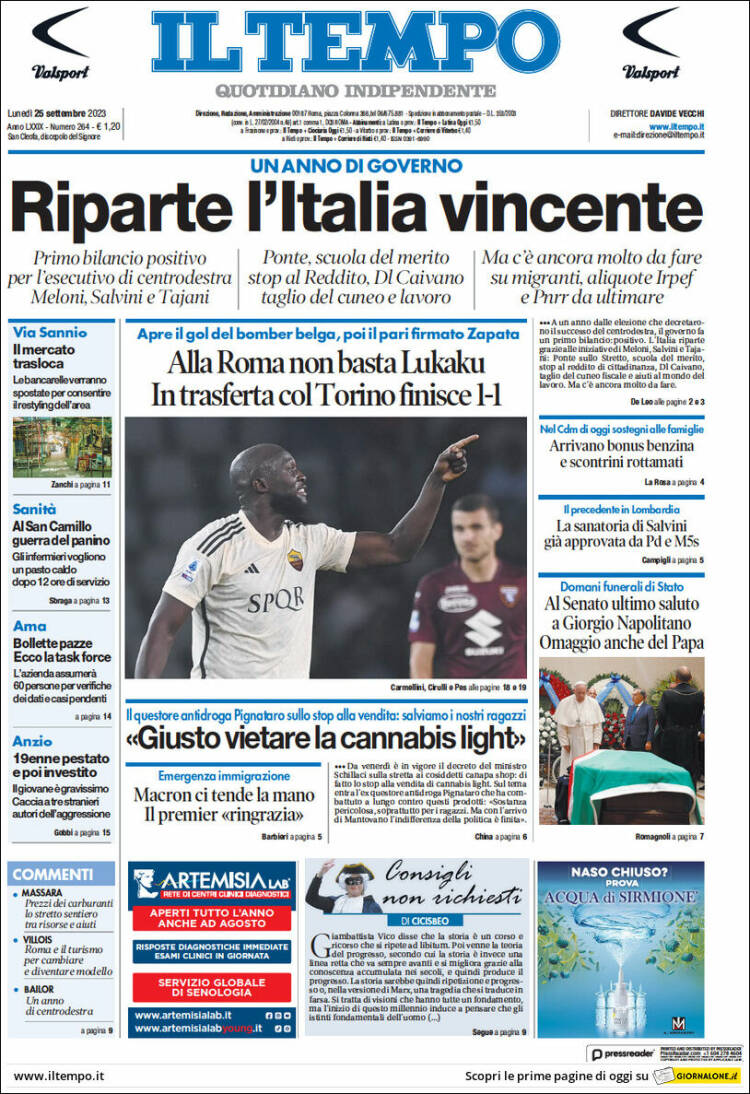 Portada de Il Tempo (Italia)