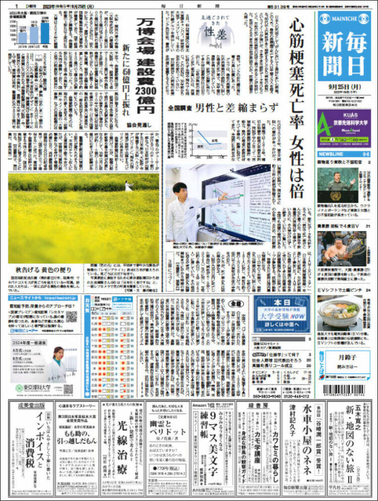 Portada de Mainichi Shimbun - 毎日新聞 (Japón)