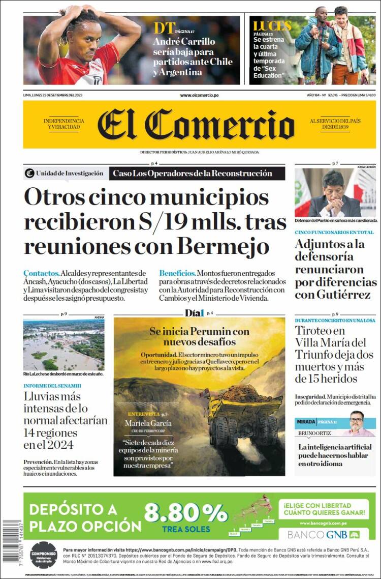 Portada de El Comercio (Perú)