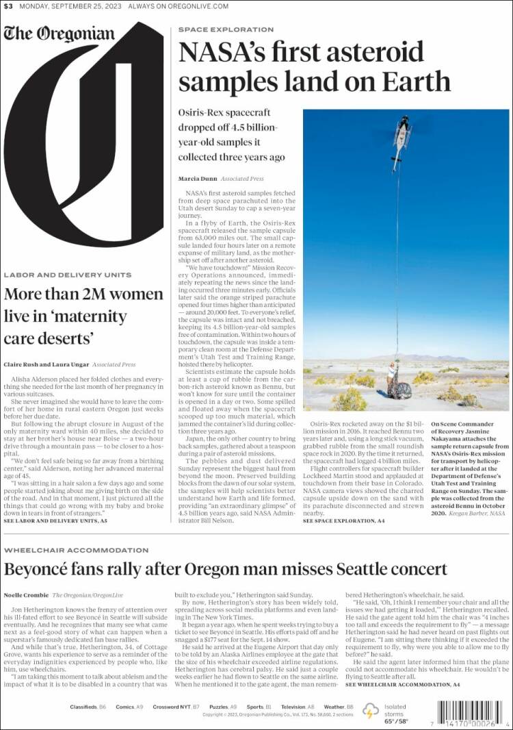 Portada de The Oregonian (USA)