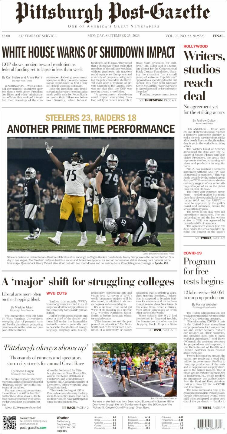 Portada de Pittsburgh Post-Gazette (USA)