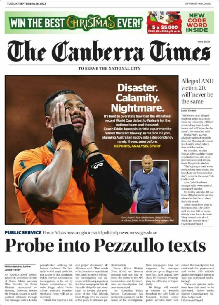 Portada de The Canberra Times (Australia)