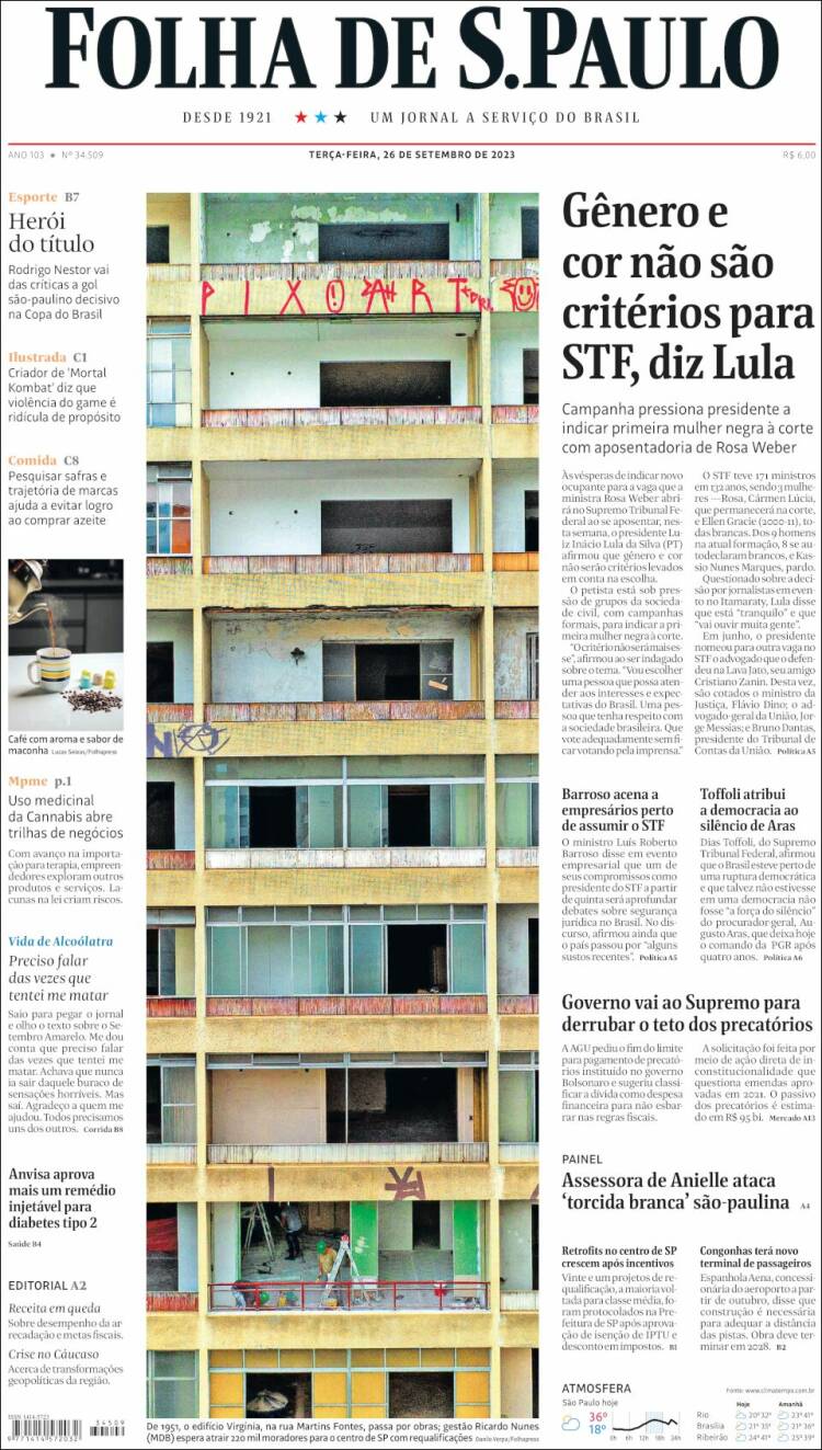 Portada de Folha de São Paulo (Brasil)