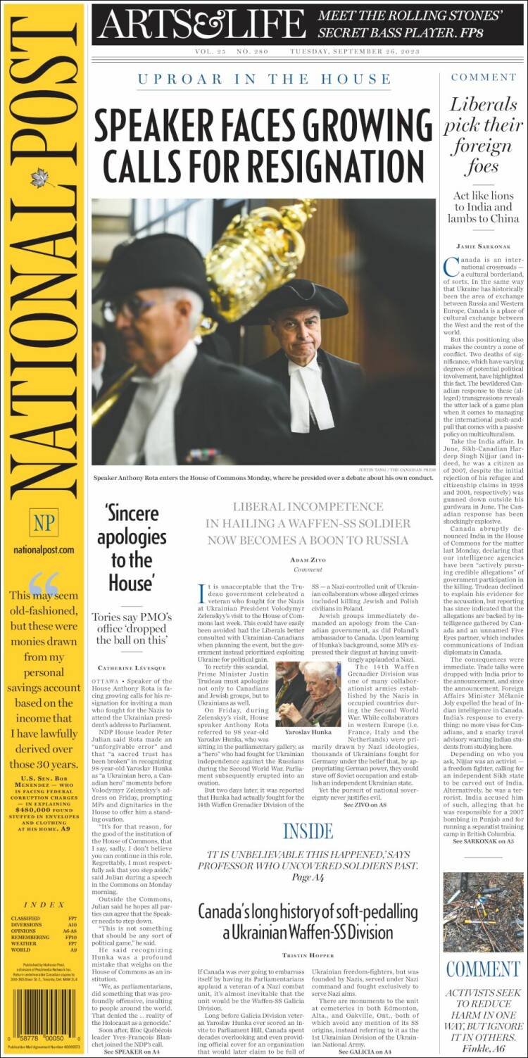 Portada de The National Post (Canada)