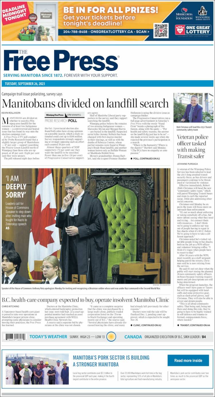 Portada de Winnipeg Free Press (Canada)