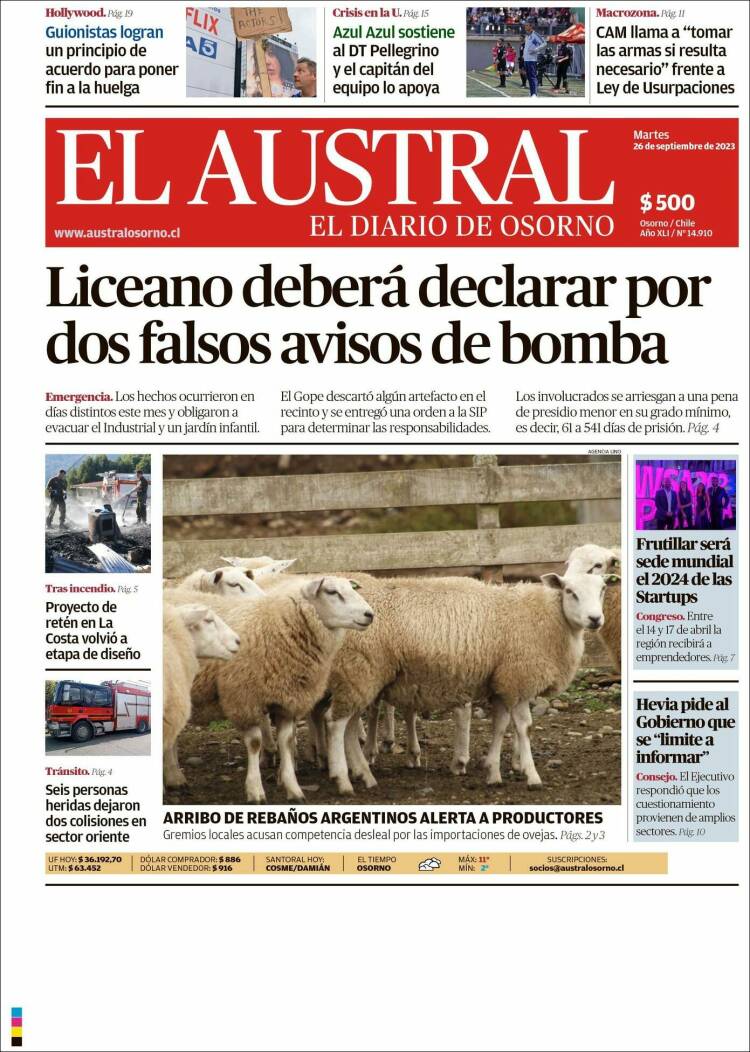 Portada de El Austral de Osorno (Chile)