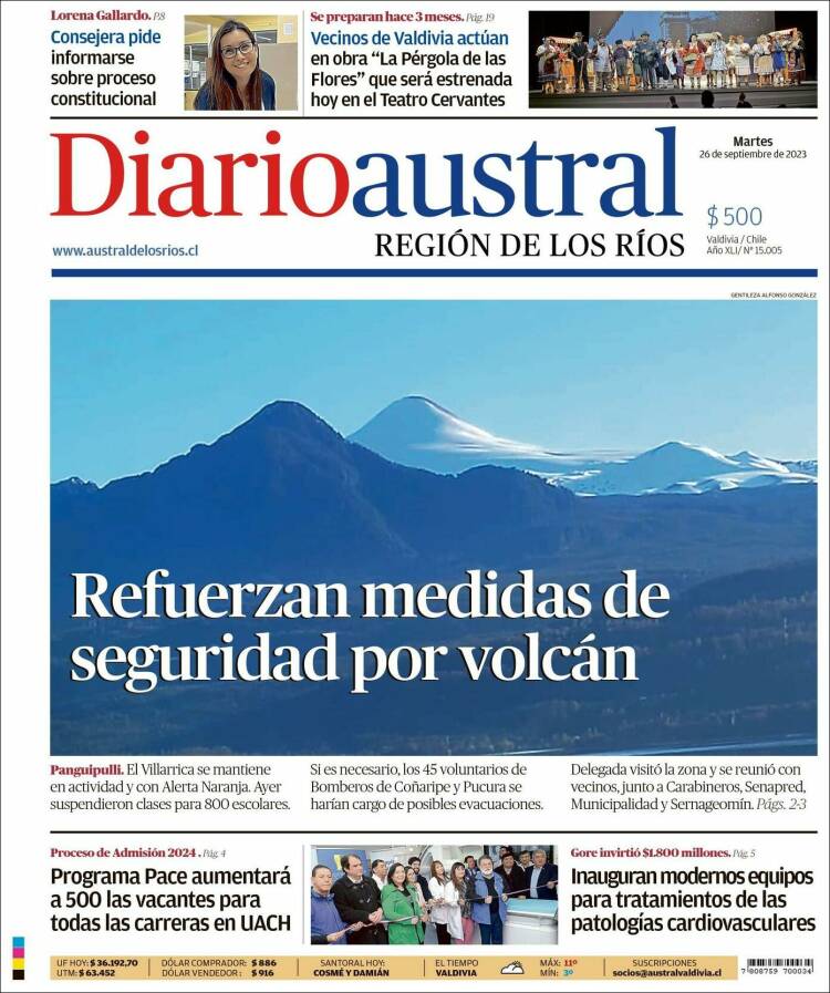 Portada de El Diario Austral de Valdivia (Chile)
