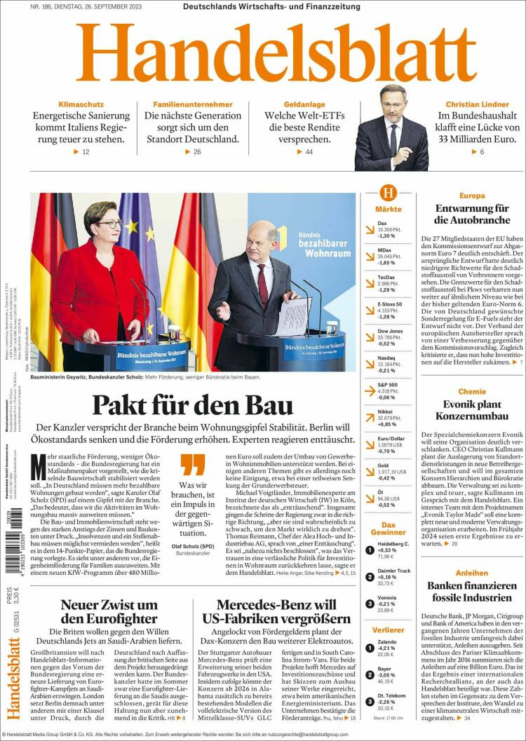 Portada de Handelsblatt (Alemania)
