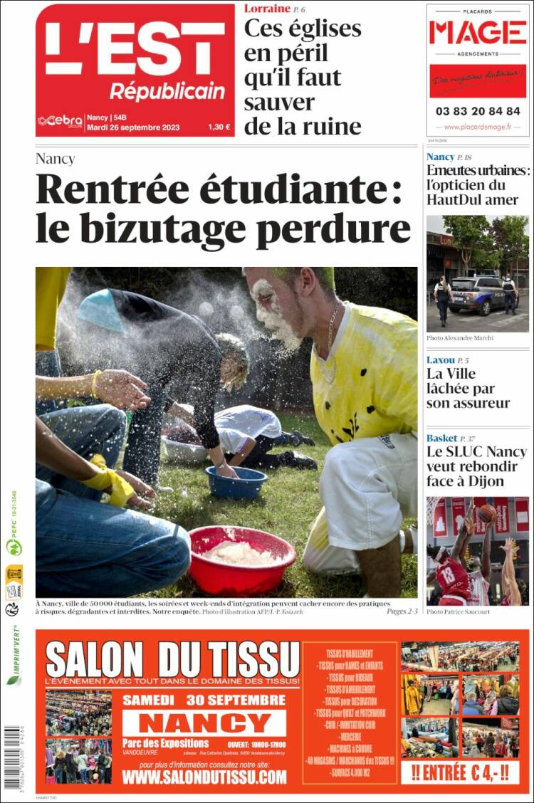 Portada de L'Est Republicain (Francia)
