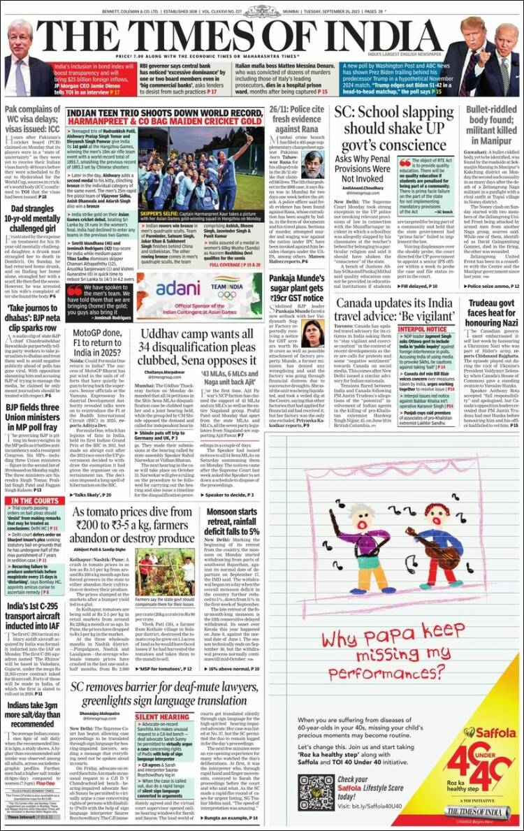 Portada de The Times of India (India)