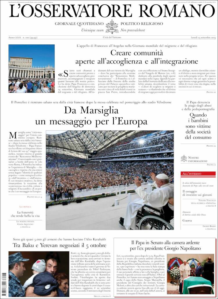 Portada de L'Osservatore Romano (Italy)