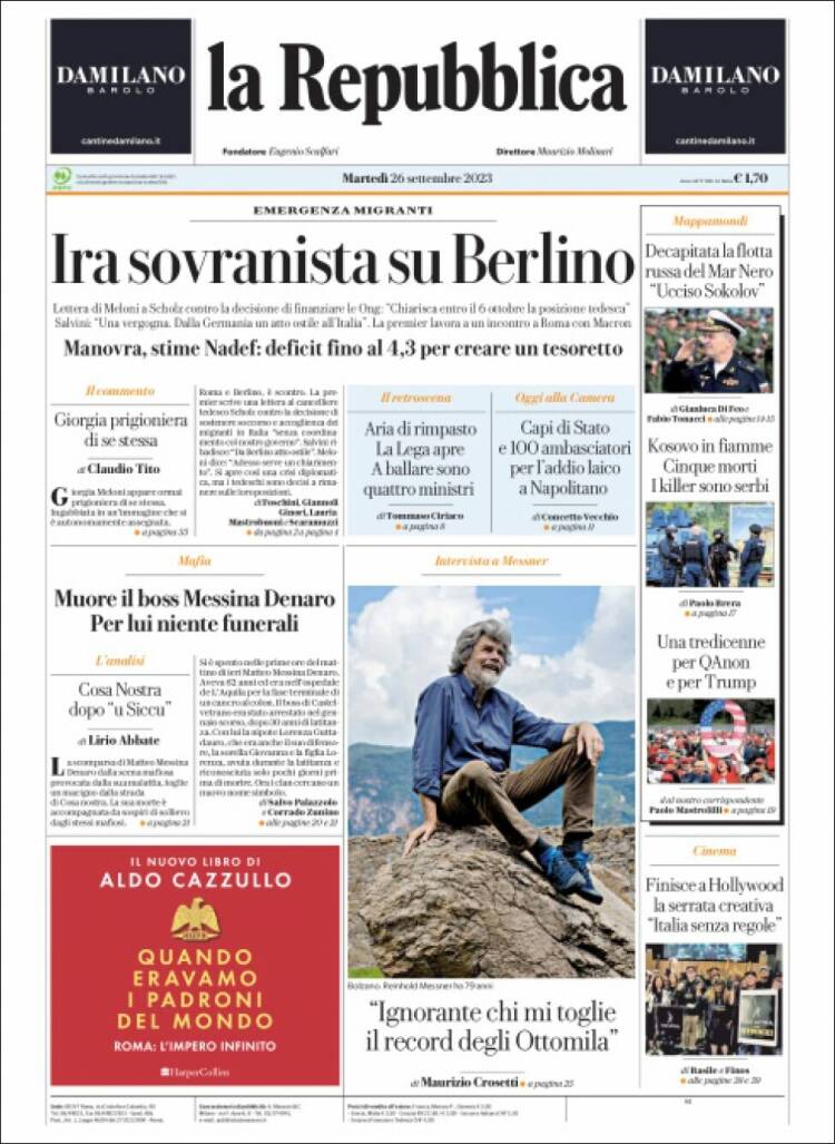 Portada de La Repubblica (Italy)