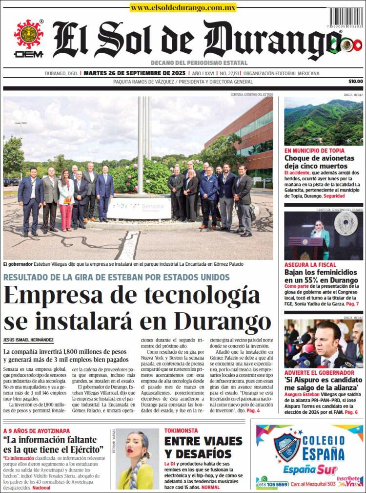 Portada de El Sol de Durango (M&eacute;xico)