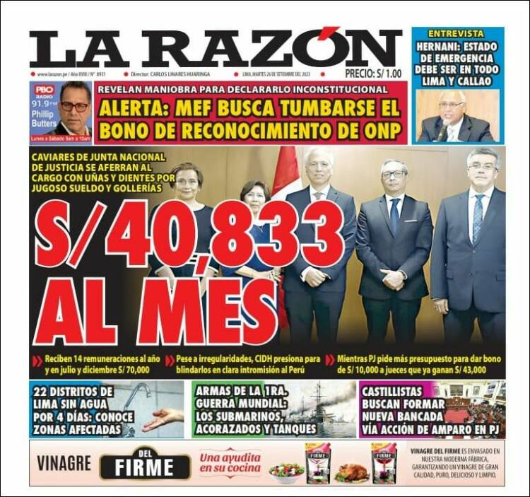 Portada de La Razón (Per&uacute;)