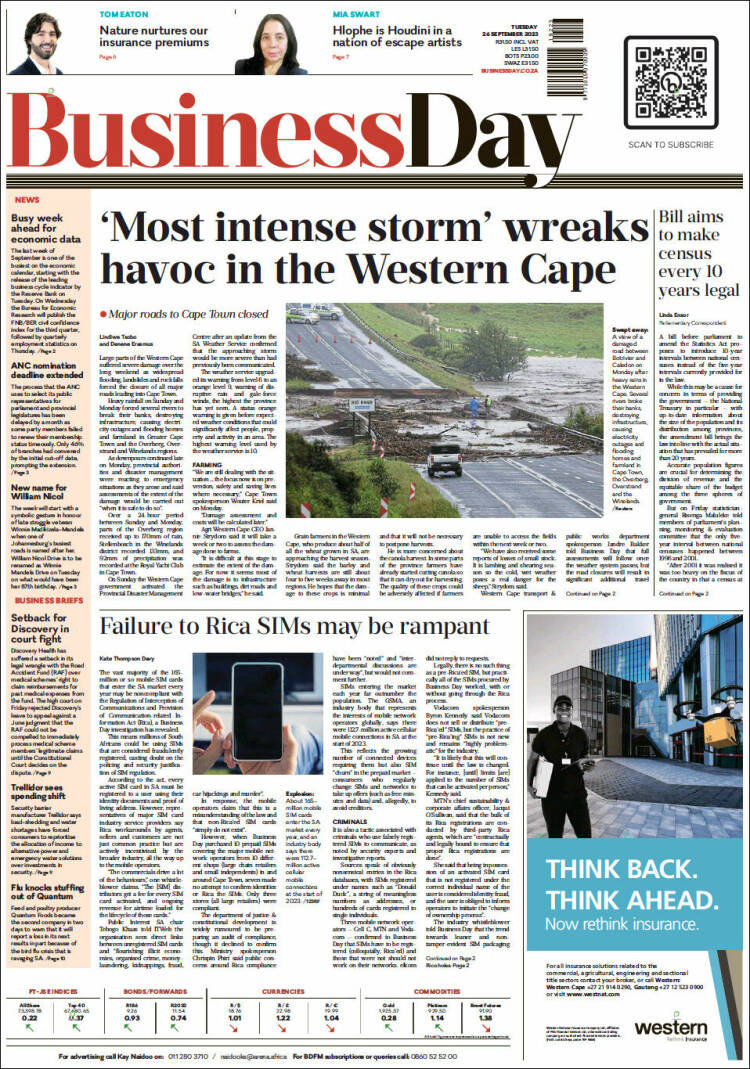 Portada de Business Day (Sud&aacute;frica)