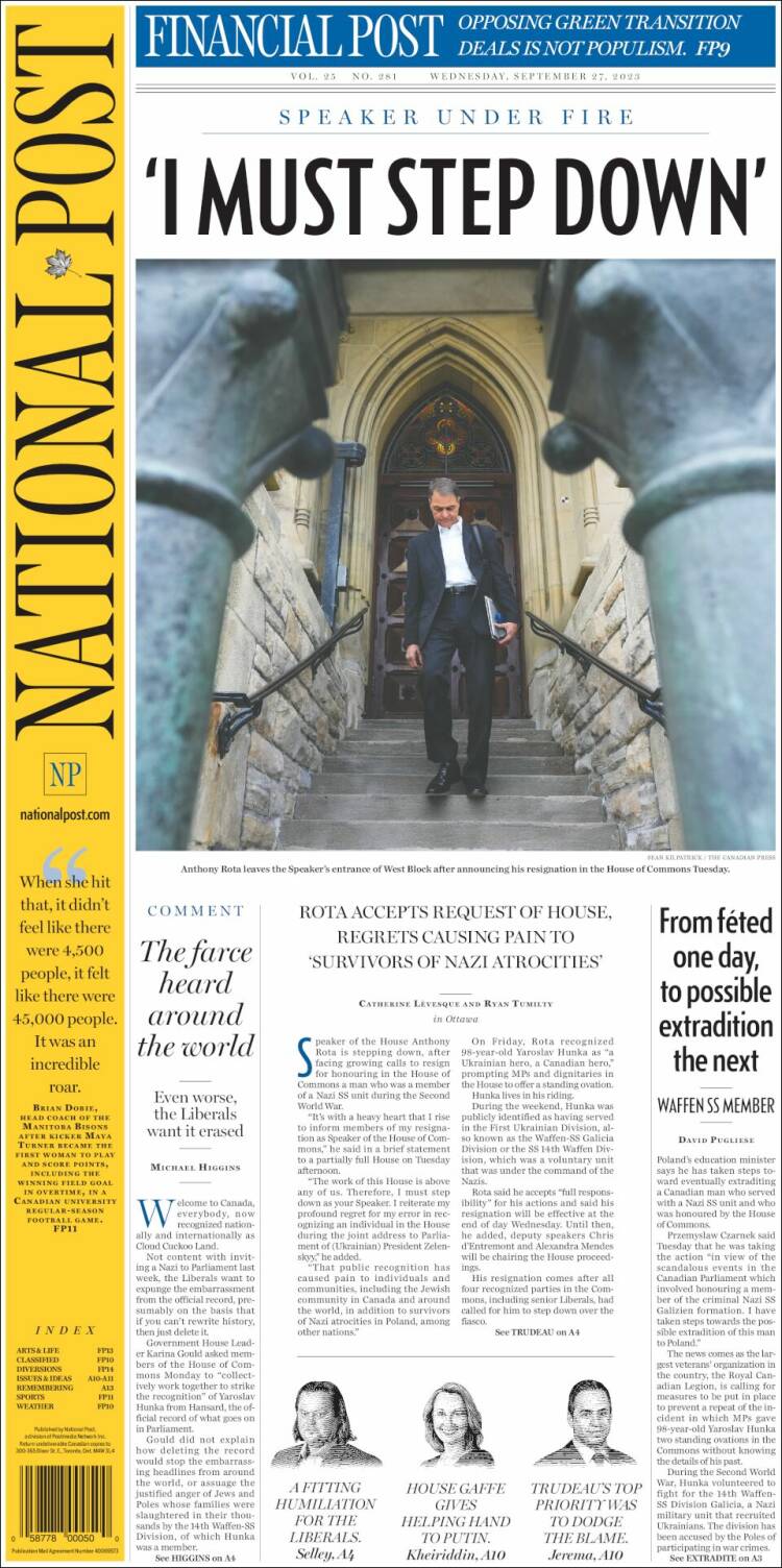 Portada de The National Post (Canadá)