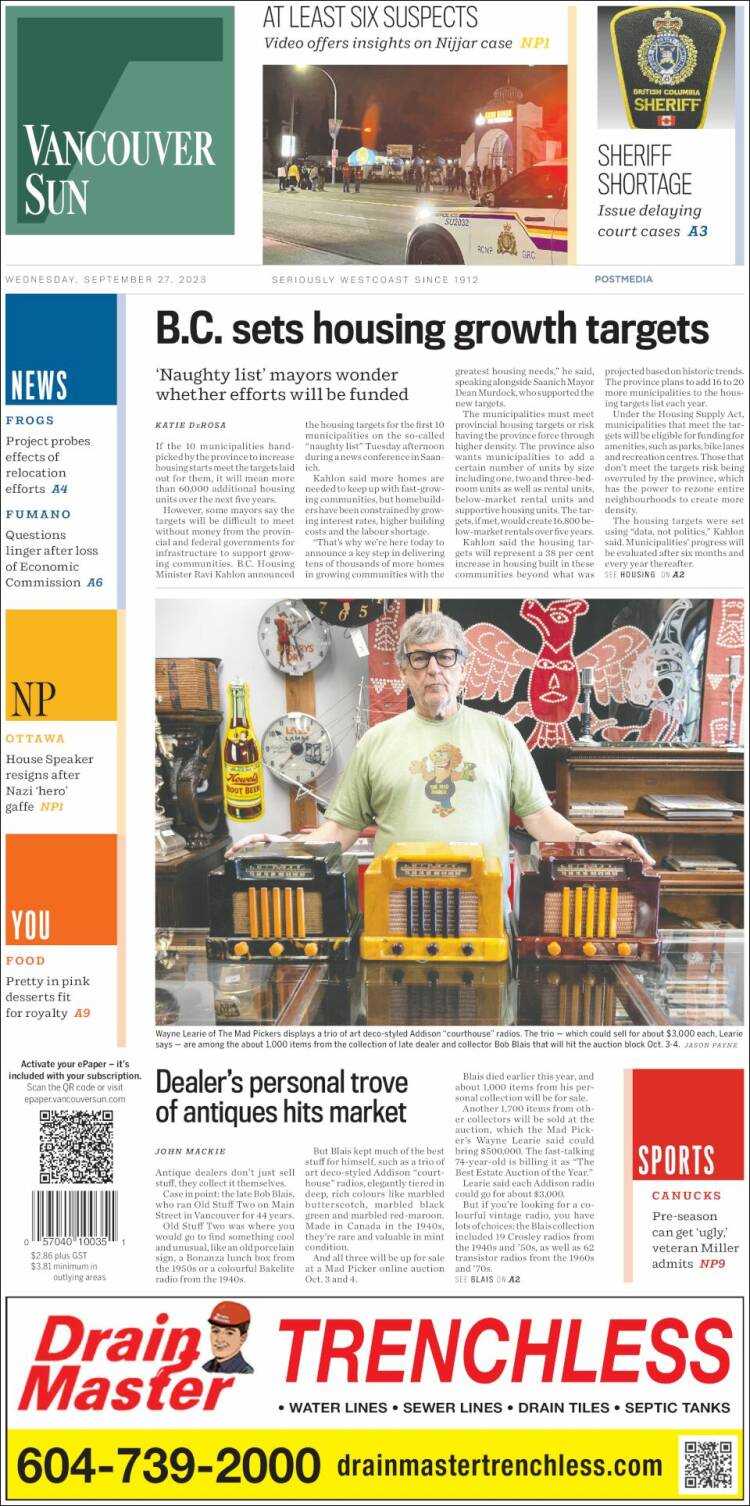 Portada de The Vancouver Sun (Canada)