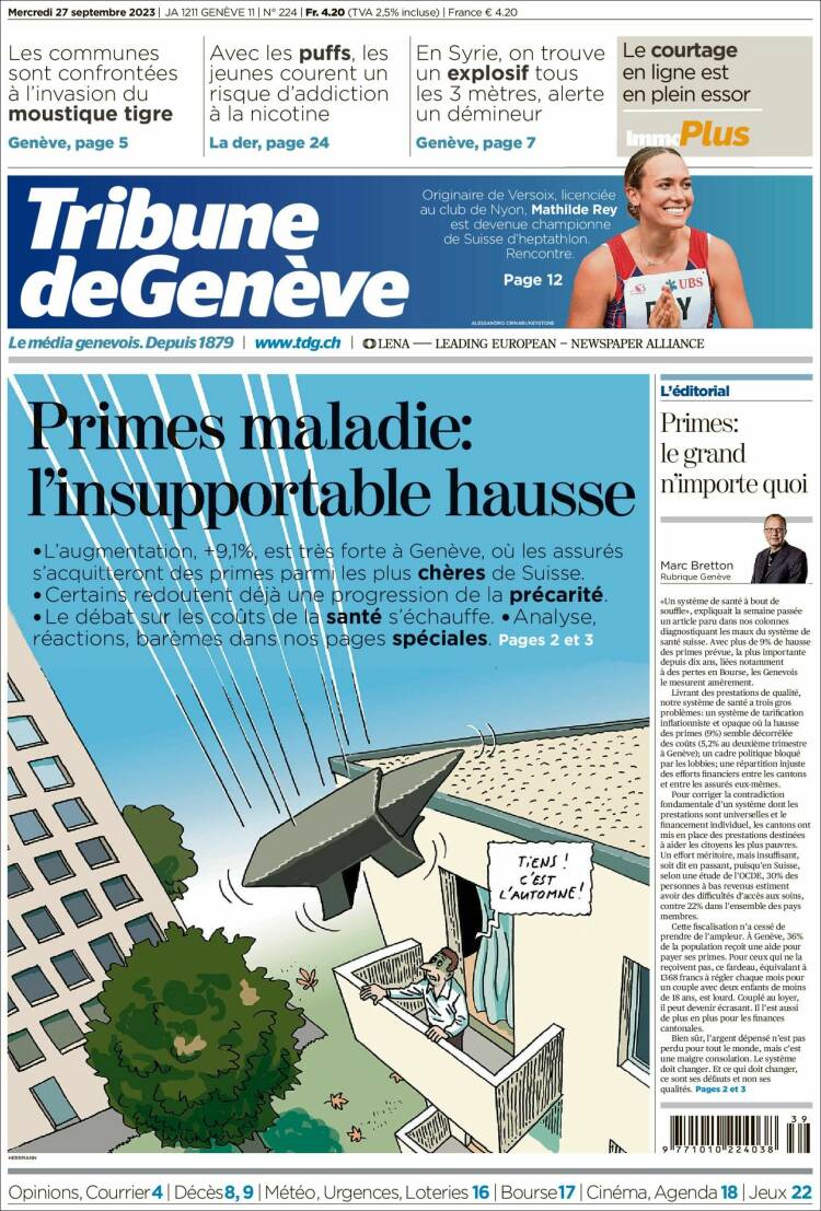 Portada de La Tribune de Genève (Suiza)