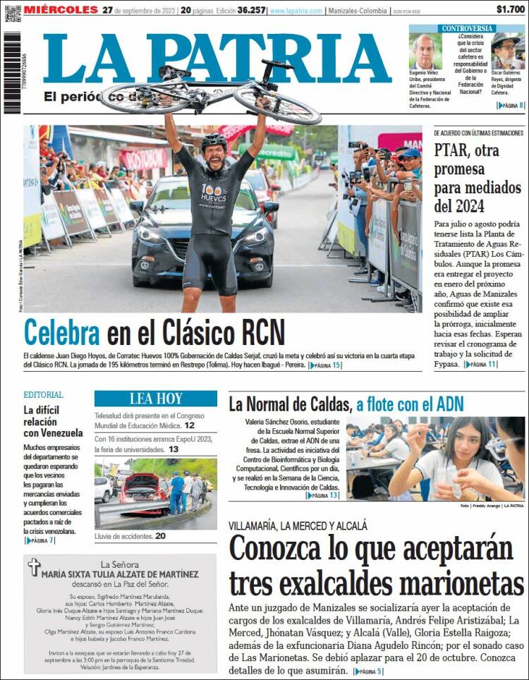 Portada de La Patria (Colombia)