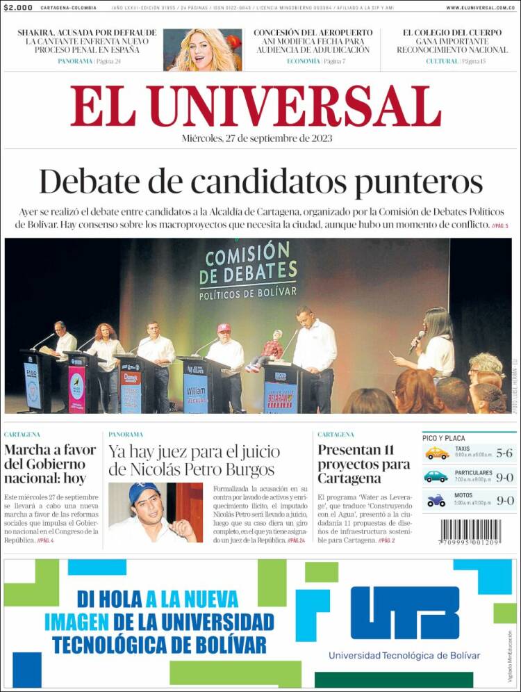 Portada de El Universal (Colombia)