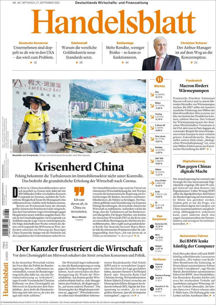Portada de Handelsblatt (Alemania)