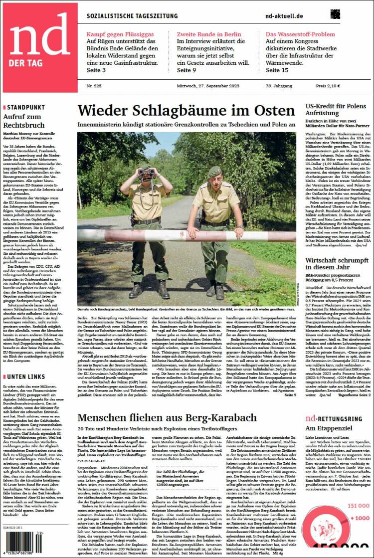 Portada de Neues Deutschland (Alemania)