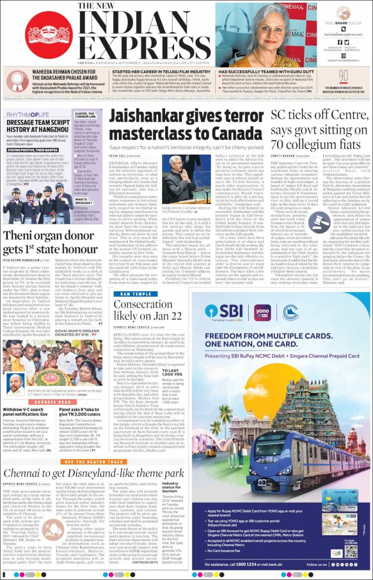 Portada de New Indian Express (India)