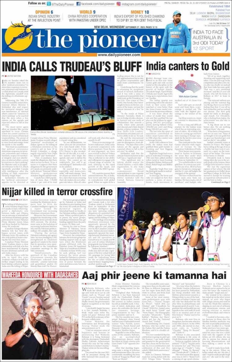 Portada de The Pioneer (India)