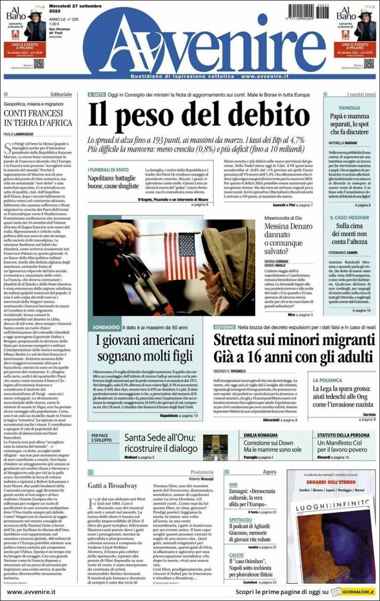 Portada de Avvenire (Italia)
