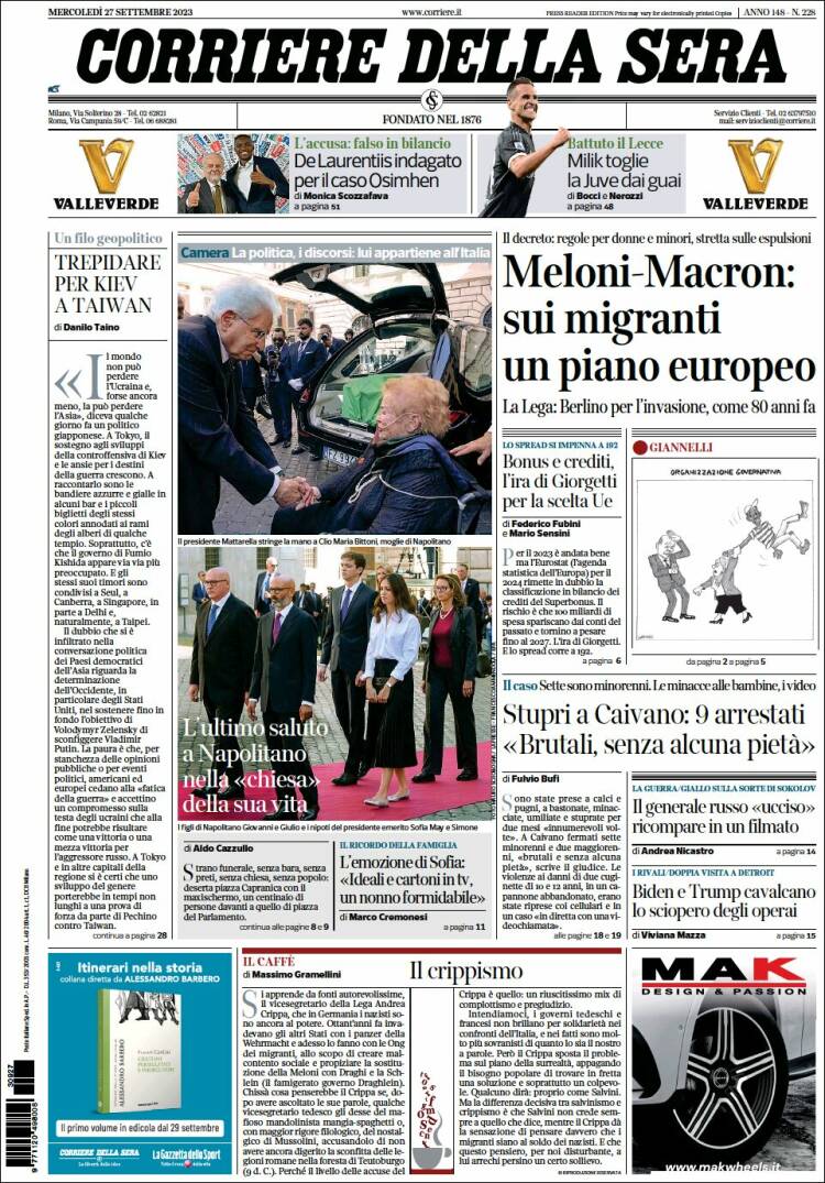 Portada de Corriere della Sera (Italia)
