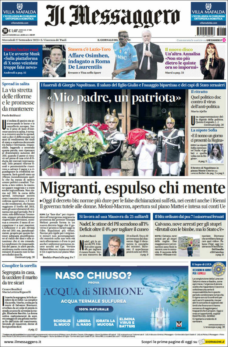 Portada de Il Messaggero (Italia)