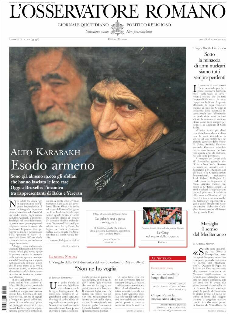 Portada de L'Osservatore Romano (Italia)